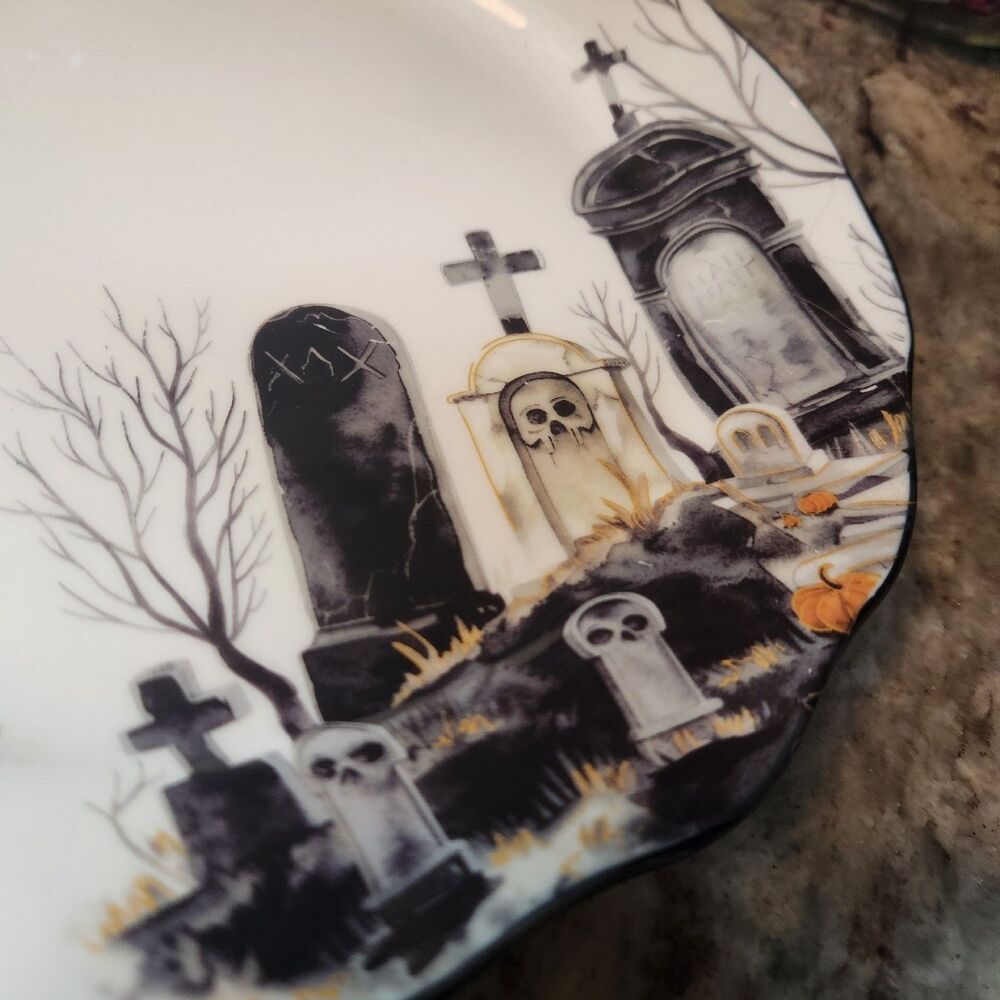 Potter's Studio Halloween Graveyard Scalloped Plates - 2 Dinner & 2 Salad plates - Picture 4 of 8
